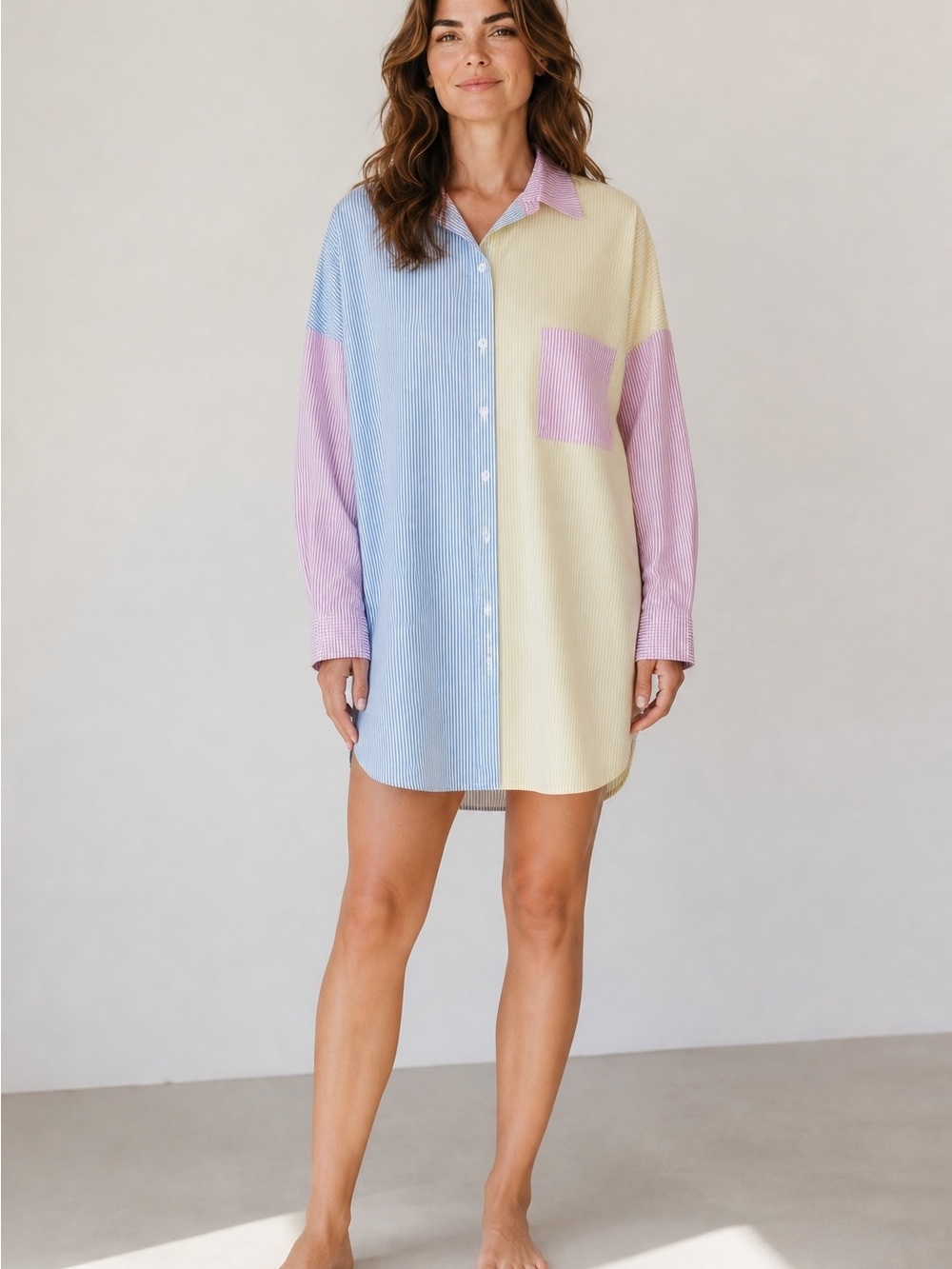 Source Unknown Pastel Colorblock Button-Front Sleep Shirt - Blue, Yellow, Pink